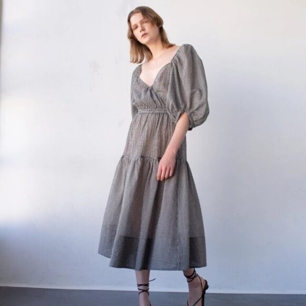 Shaina Mote Gilot Linen Blend Midi Dress - Black/White Gingham